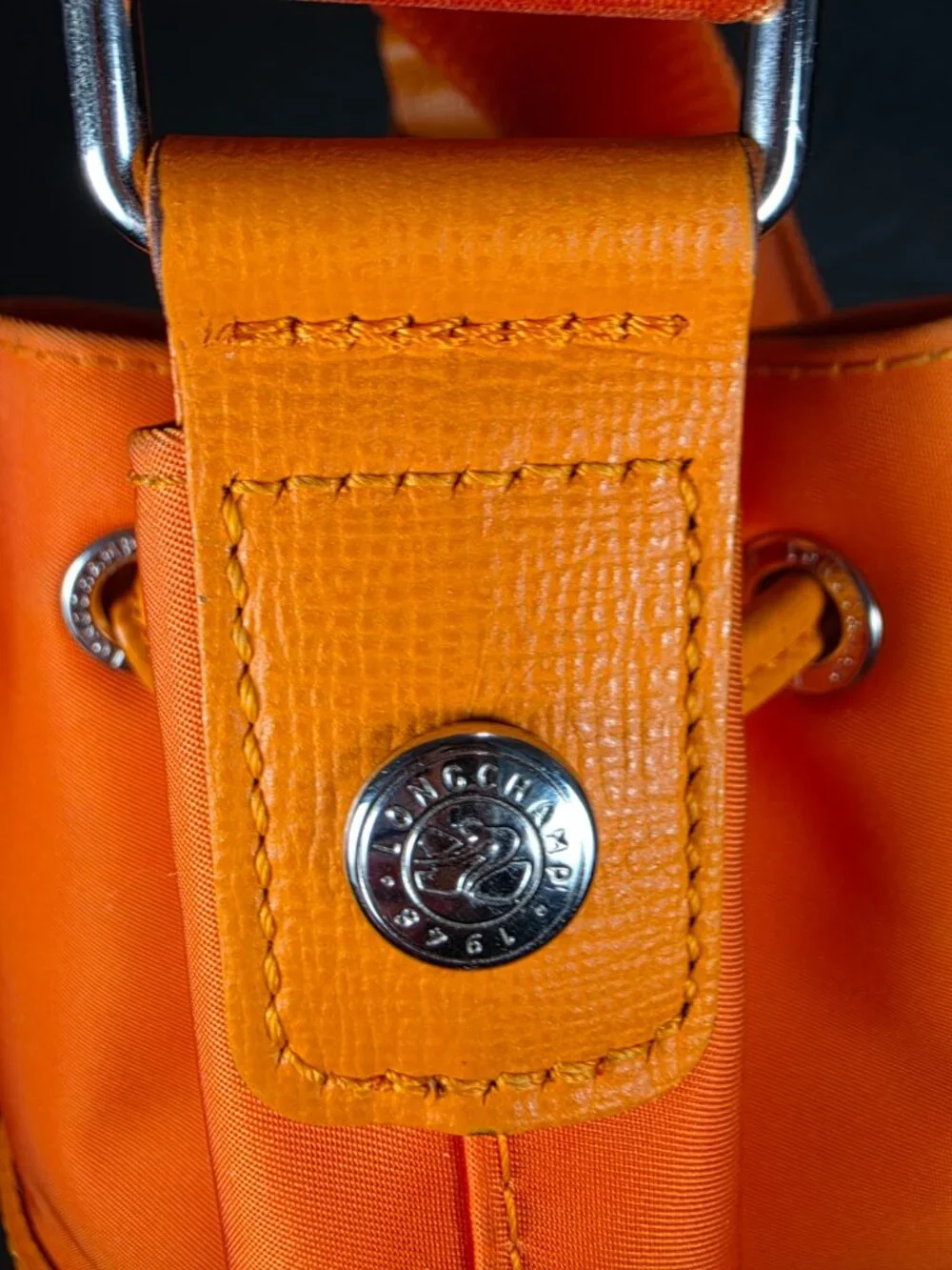 Longchamp Paris Orange Nylon Leather Bucket Shoulder Bag Drawstring Y2K